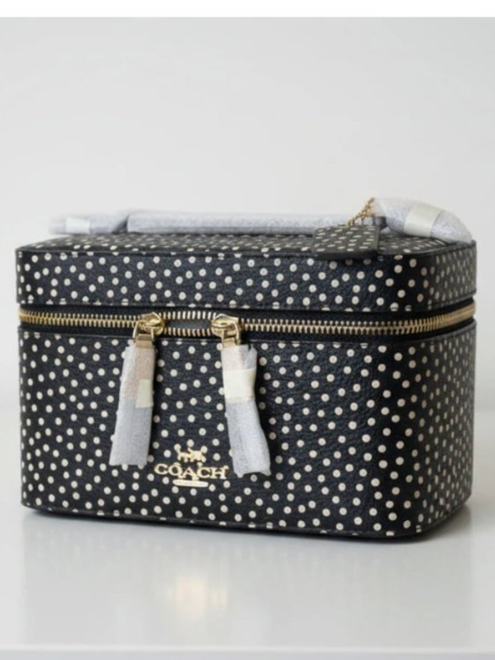 Coach Cosmetic Case CCF44 Black Leather Polka Dot Large Zip Pouch